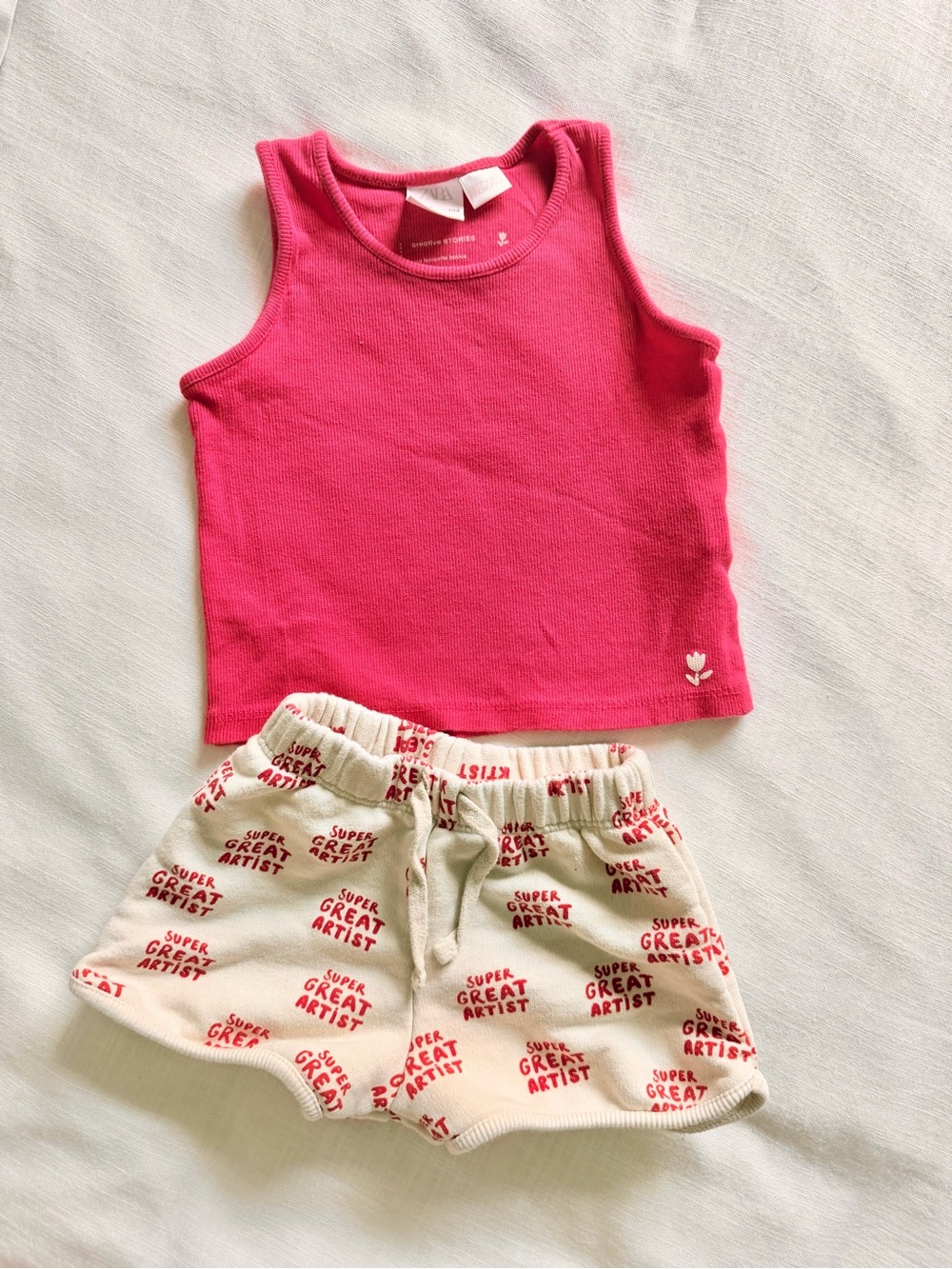 Zara tank top and ‘super great artist’ french terry shorts bundle size  4years